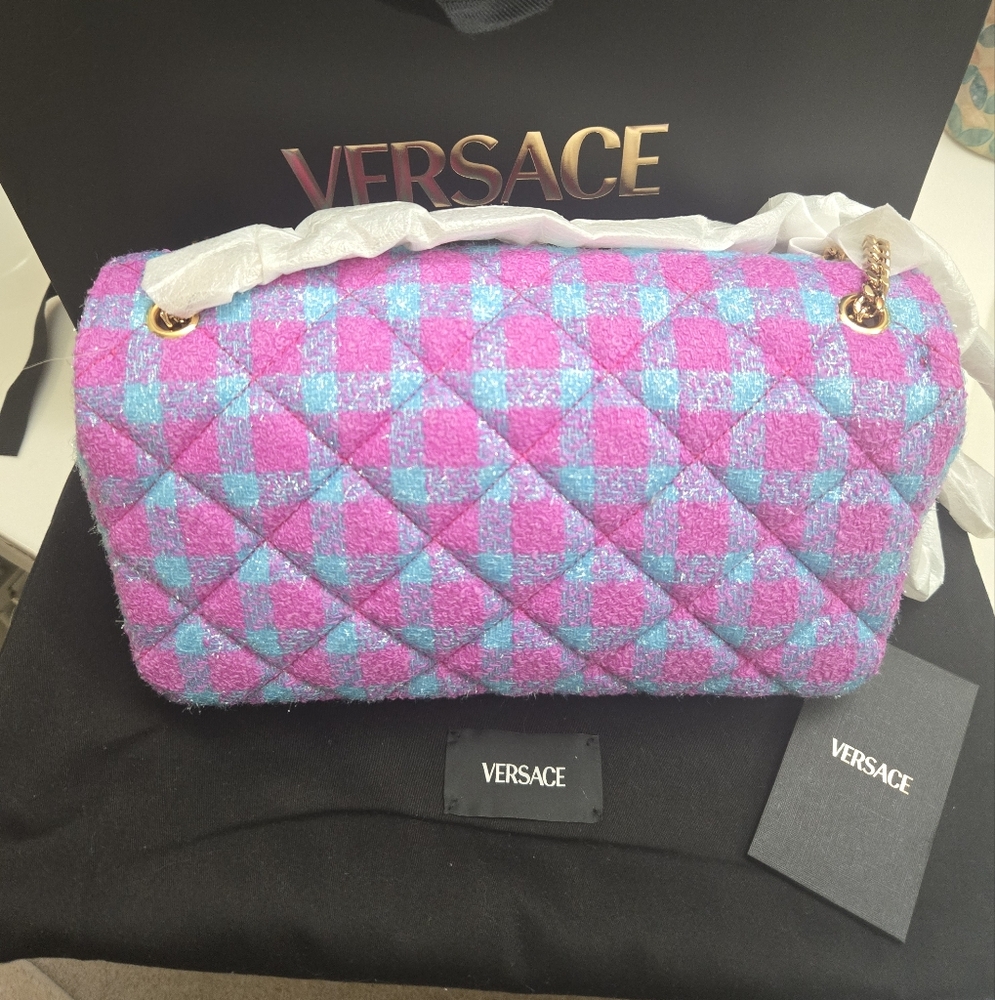 Versace Tweed Pink And Blue Two Way Bag NWT - Picture 6 of 13